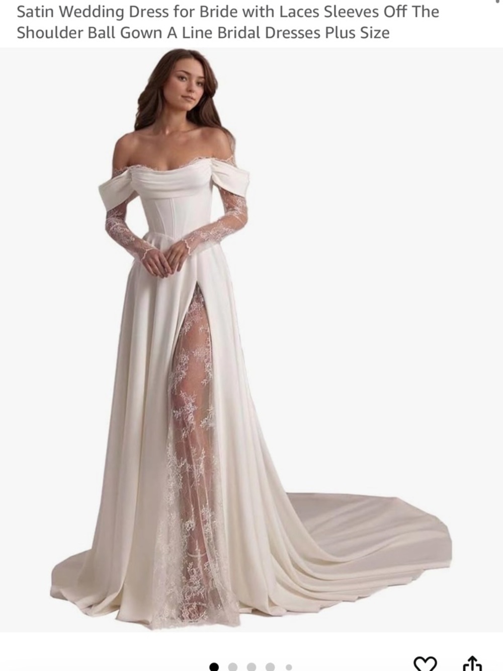 Off-Shoulder White Satin Wedding Dress with Lace Sleeve and High Slit